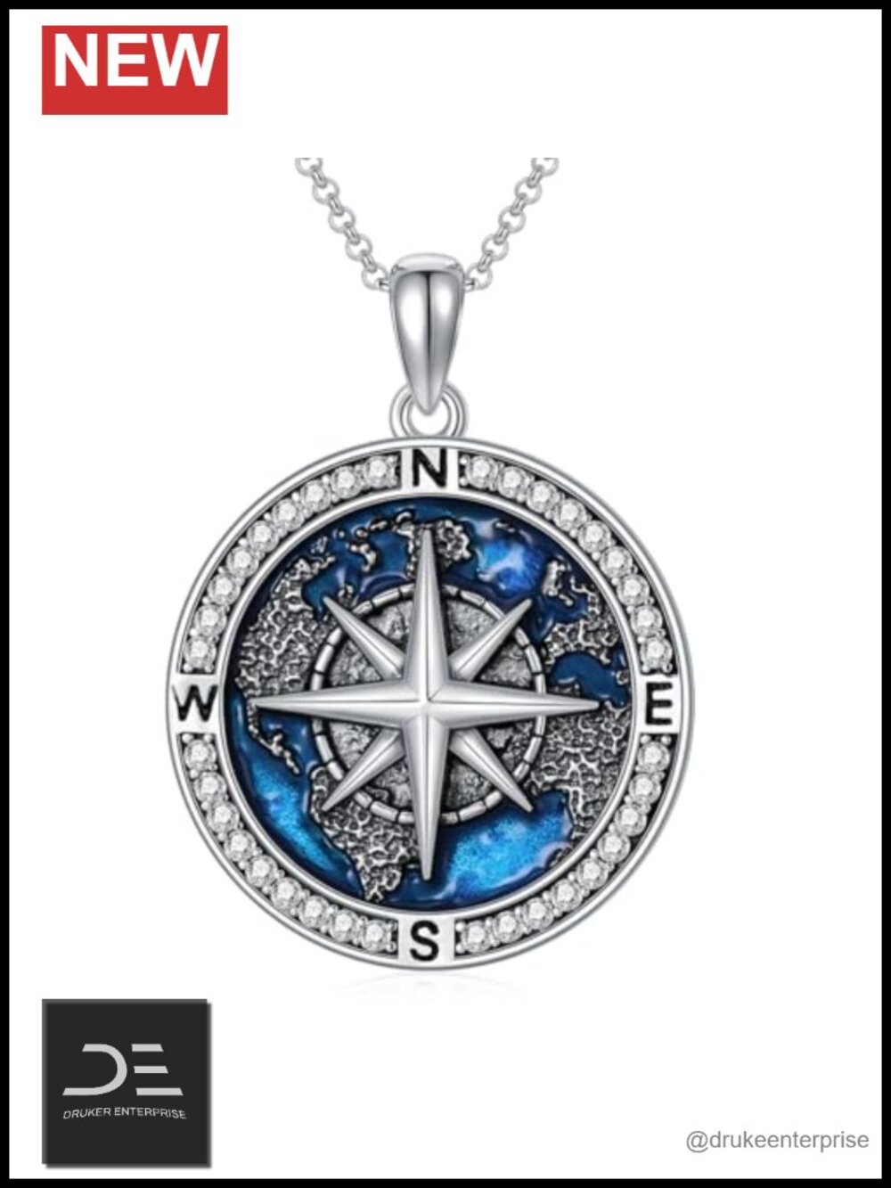 925 Sterling Silver Compass Pendant Necklace with Zircon, Travel Inspirational